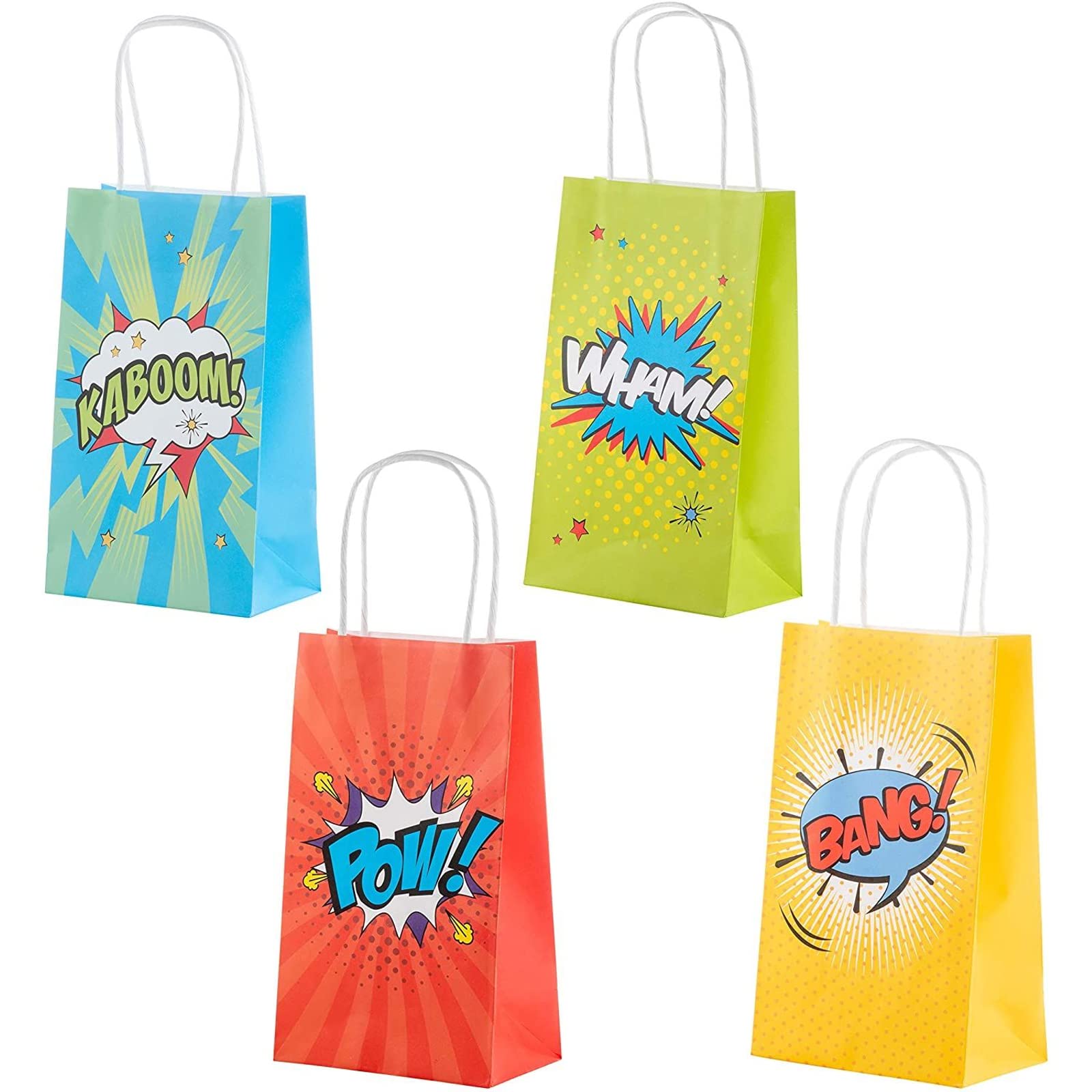 Juvale 12-Pack Comic Book Hero Party Favor Gift Bags with Handles - 4 Vibrant Colors for Birthday Parties, Superhero Themed Events & Kids' Celebrations