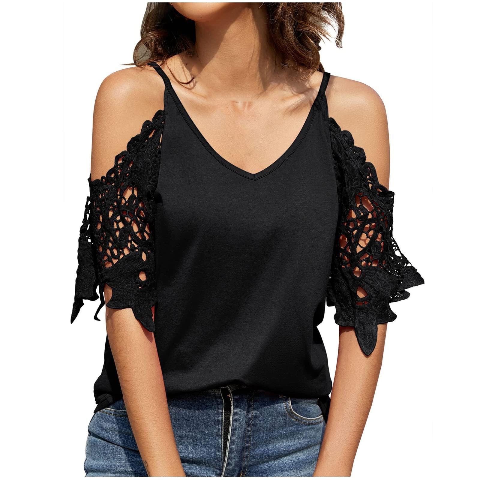 Women's Cold Shoulder Lace Tank Tops - Spaghetti Strap Summer Blouses & Short Sleeve Shirts | Perfect for Beach, Vacation & Casual Outfits