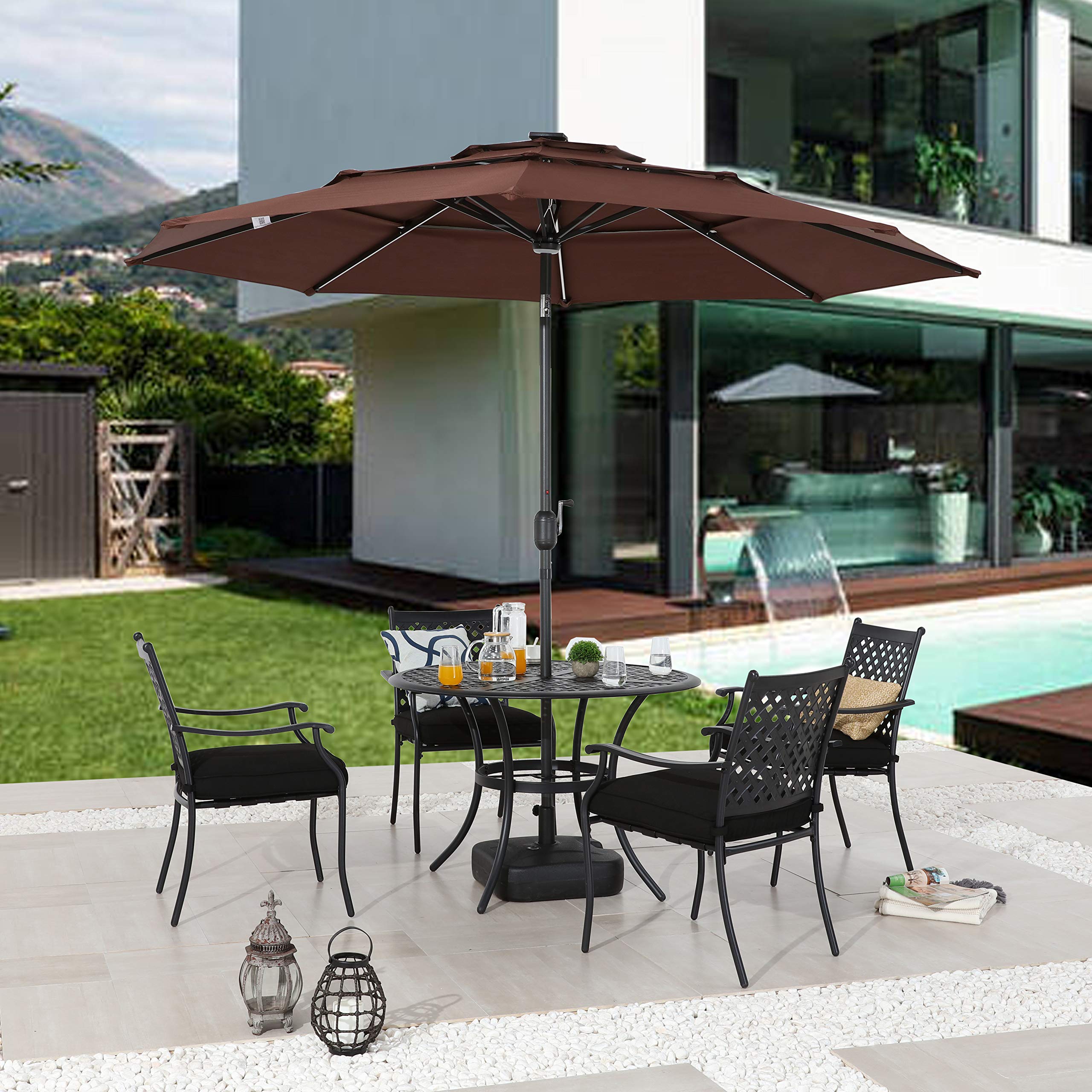 LOKATSE HOME 9.5 Foot Solar Powered LED Patio Umbrella with 3-Tier Design, Tilt Adjustment & Crank Handle - 8 Aluminum Ribs & Metal Pole for Outdoor Garden, Deck, Poolside & Market Use - Perfect for Backyard, Patio Furniture and Coffee Shop Outdoor Seating