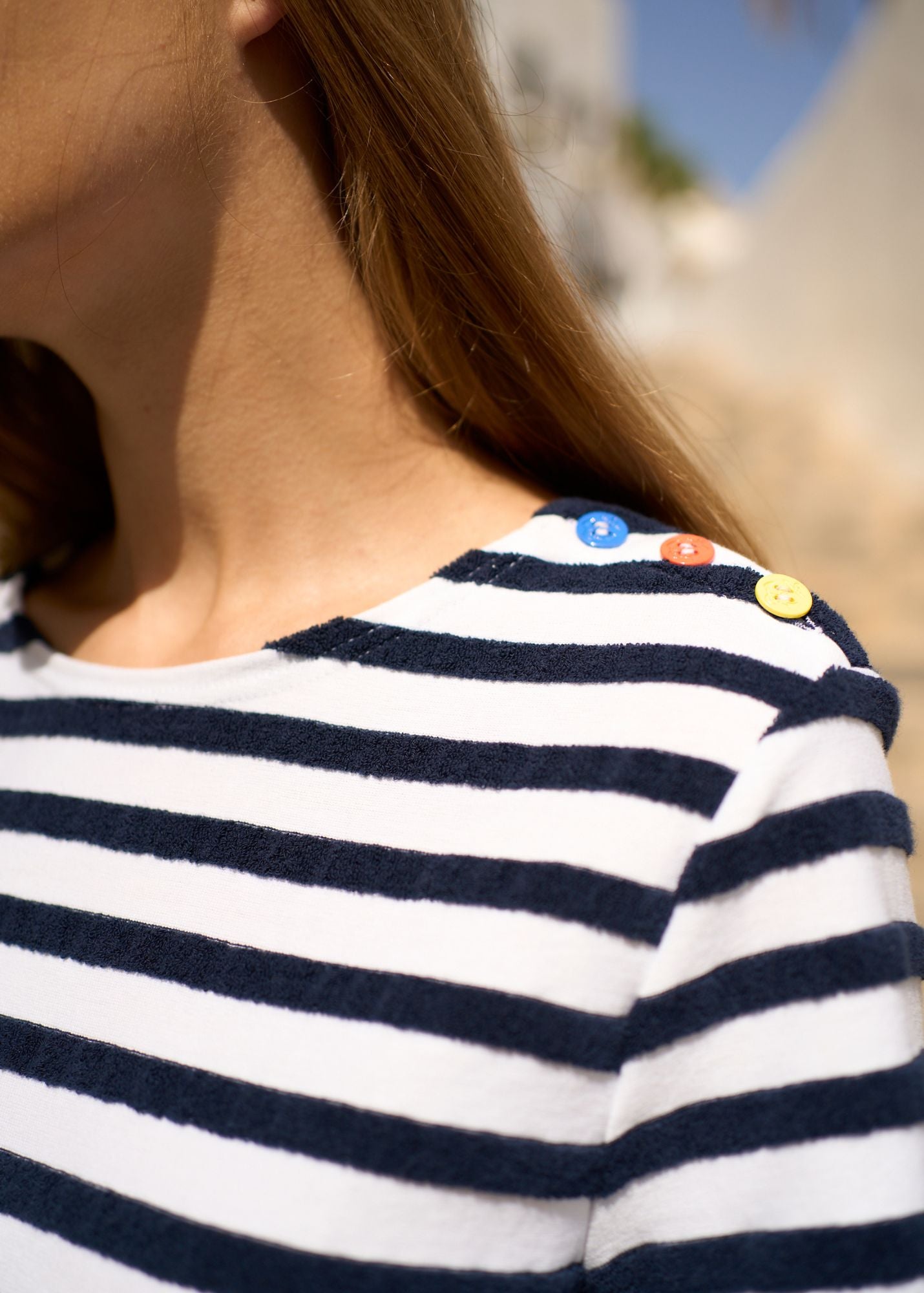 OLLIOULES Women's Short Sleeve Breton Stripe T-Shirt with Bouclé Stripes & Colorful Shoulder Buttons | Soft Cotton Comfort Fit | Casual Wear, Office Outfits, Weekend Style (White/Navy)