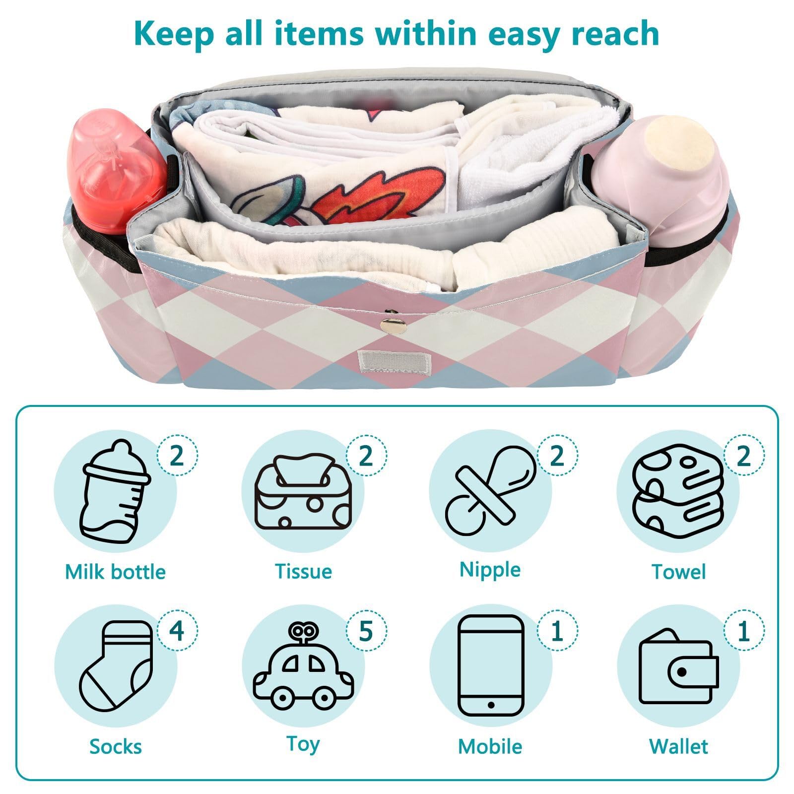 Amooorous Powder Blue Stroller Organizer with Cup Holder - Non-Slip Square Design, Adjustable Straps for Baby Strollers & Car Seats - Perfect for Diapers, Bottles, and Essentials On-The-Go