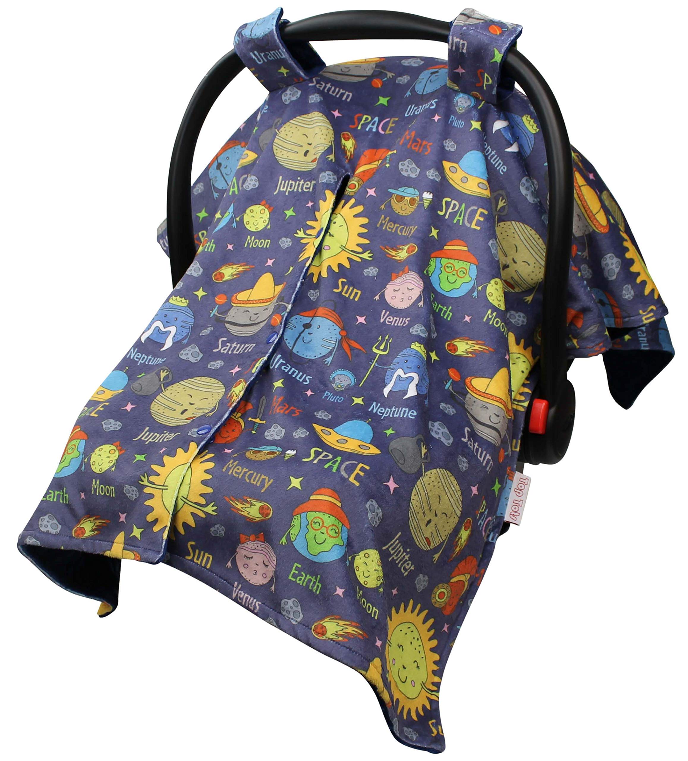 Baby Car Seat Canopy Cover - Space Planets Design with Soft Blue Minky Dot Fabric | Perfect for Stroller, Infant Carrier & Travel Protection