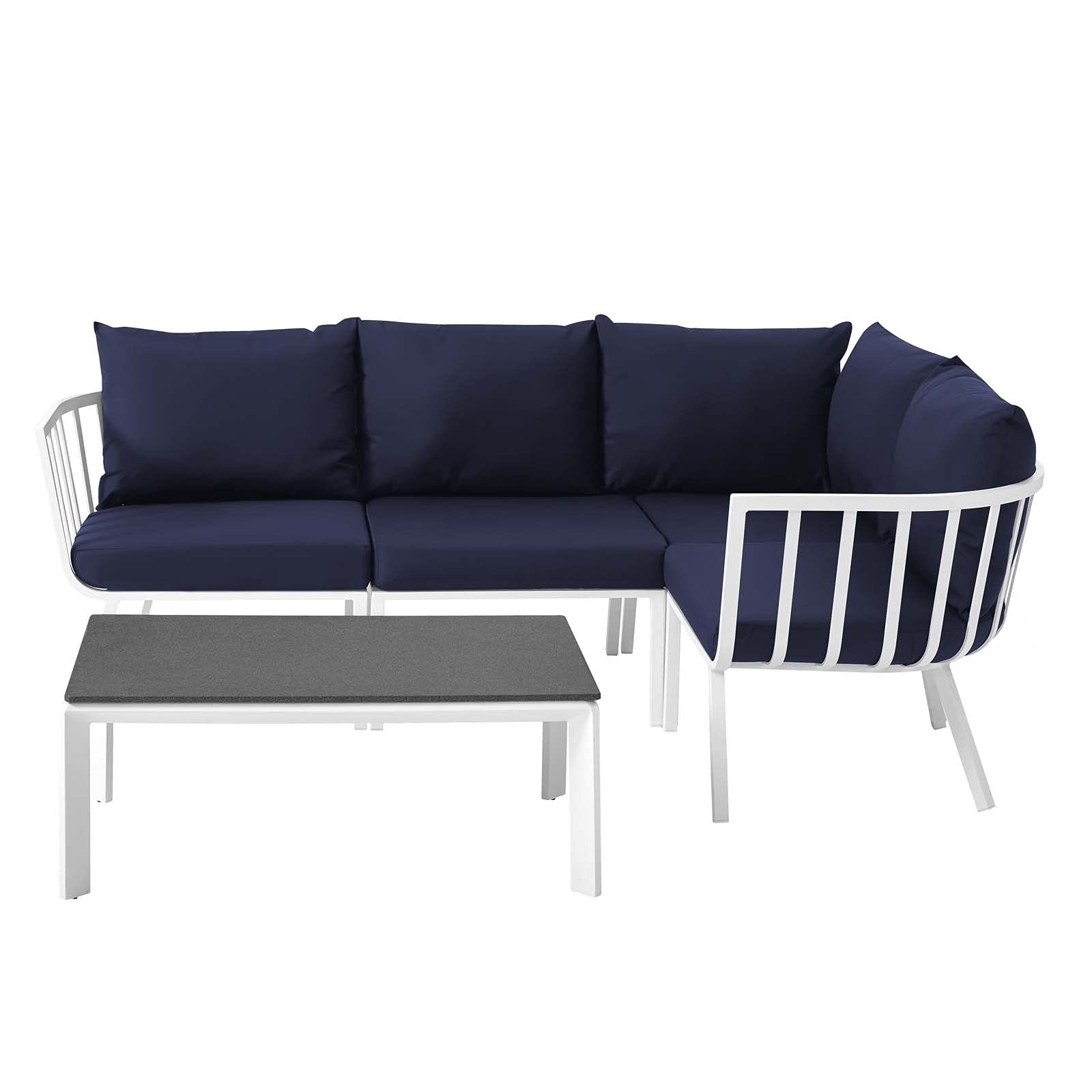 Modern Lounge Sectional Sofa Chair Set - Aluminum Metal Frame, White Blue Navy Design, Perfect for Outdoor Patio, Cafe, Bistro, and Garden Relaxation