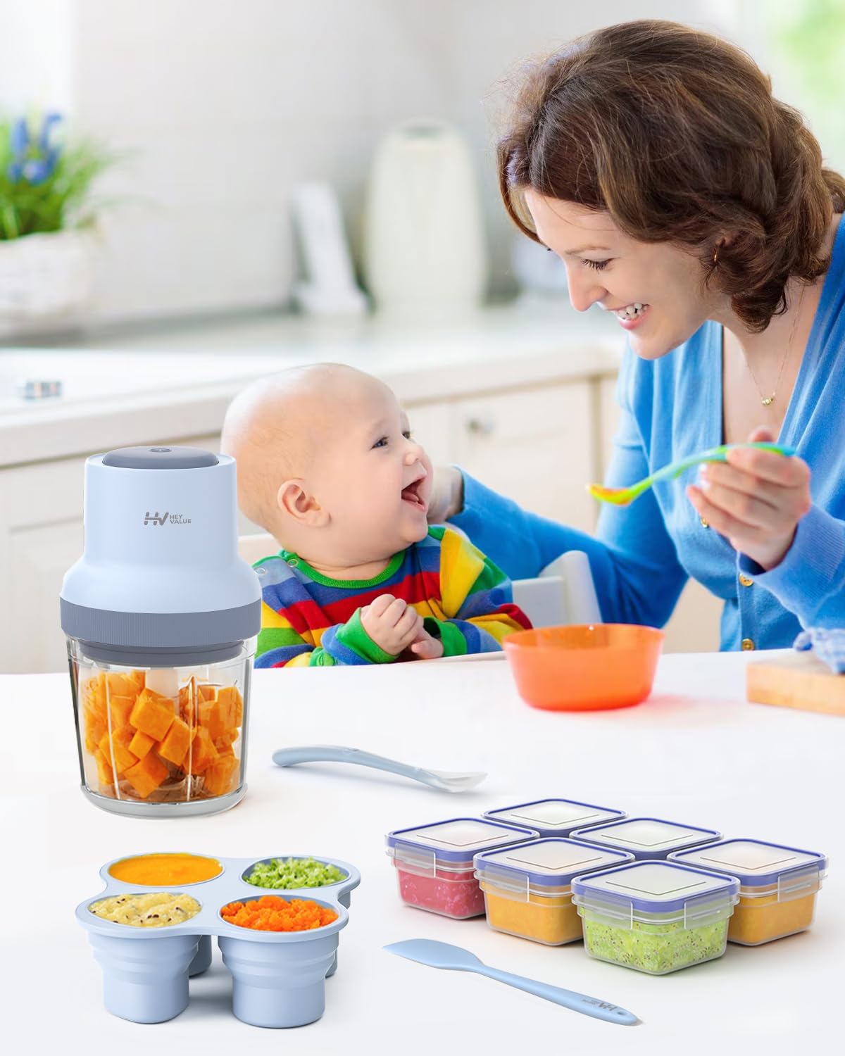 HEYVALUE 13-in-1 Baby Food Maker & Processor Set - Puree Blender for Fruits, Vegetables, Meat with Storage Containers, Freezer Tray & Silicone Spoons/Spatula (Light Blue) - Perfect for Homemade Baby Food Prep & Meal Storage
