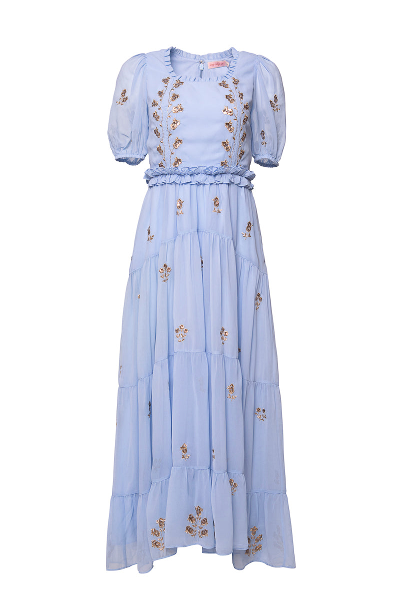 Baby Blue Folklore Dress for Women - Boho Chic Floral Maxi Dress for Summer, Beach, and Festivals