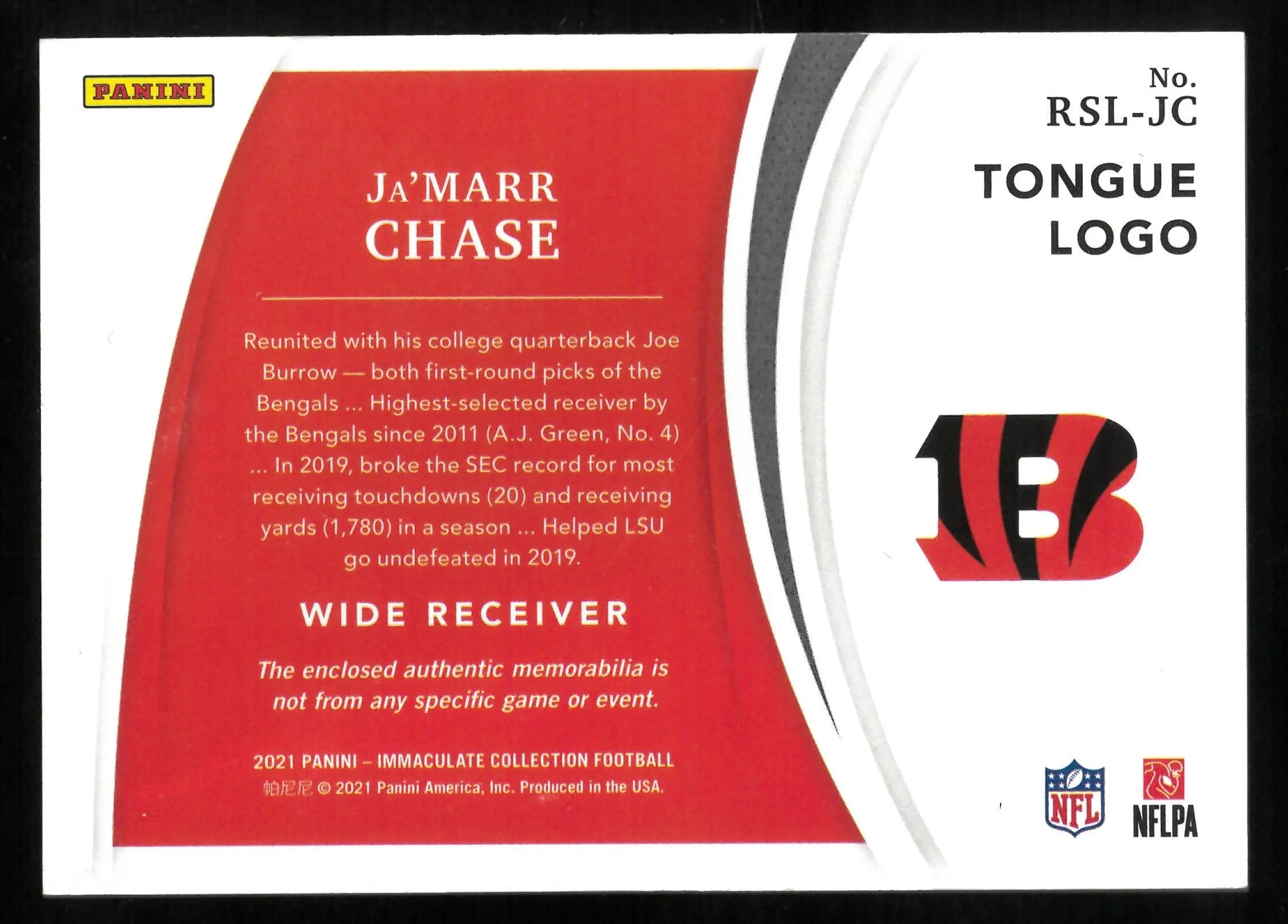 2021 Panini Immaculate Football Ja'Marr Chase Rookie Card Tongue Logo 1/1 - Rare NFL Collectible for Sports Fans & Memorabilia Collectors - Perfect for Display, Investment & Trading Cards Collections