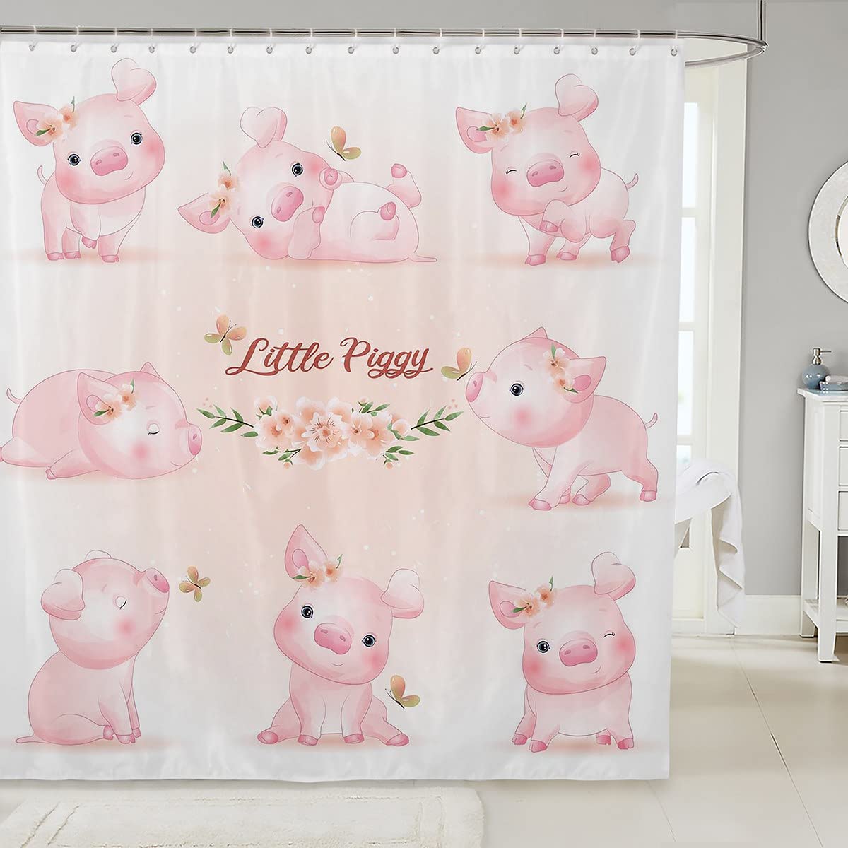 Erosebridal Cute Cartoon Pig & Butterfly Shower Curtain - Waterproof Bathroom Decor for Kids (72x72 Inches) | Kawaii Pink Floral Design for Boys & Girls | Perfect for Themed Bathrooms, Nursery Decor & Gift Ideas