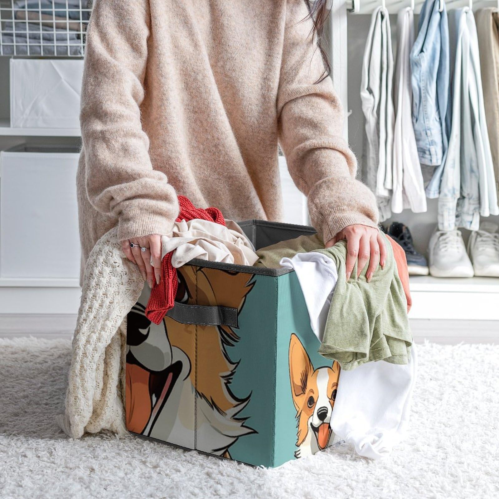 Corgi-Themed Collapsible Storage Cubes with Handles - 10.6