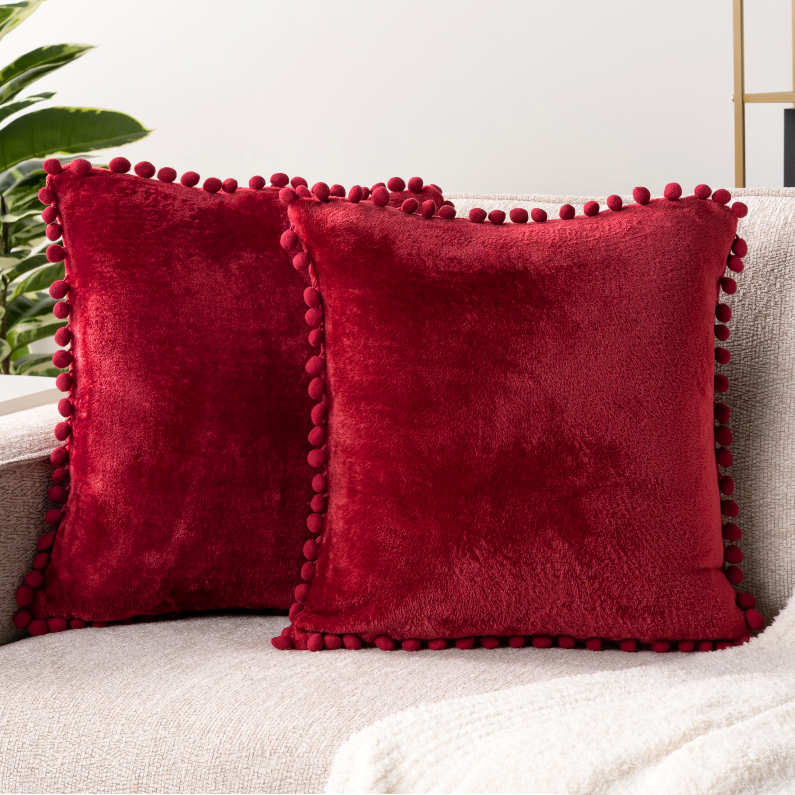 PAVILIA Burgundy Red Velvet Throw Pillow Covers 20x20 Inches - Set of 2 Decorative Pom Pom Pillow Cases for Sofa, Couch & Bedroom Decor | Soft Euro Plush Cushion Covers for Living Room, Bed Aesthetic & Home Styling