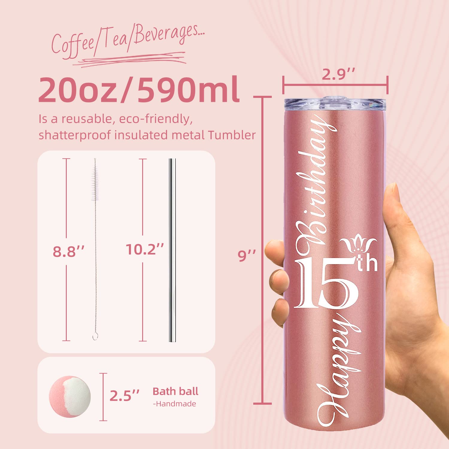 MEANT2TOBE 15th Birthday Gifts for Girls - Personalized 15 Year Old Birthday Present Ideas, Cute 15th Birthday Decorations & Party Supplies, Insulated 15th Birthday Tumblers - Perfect Sweet 16 Party, Quinceañera Celebration & Teen Gift for Daughter