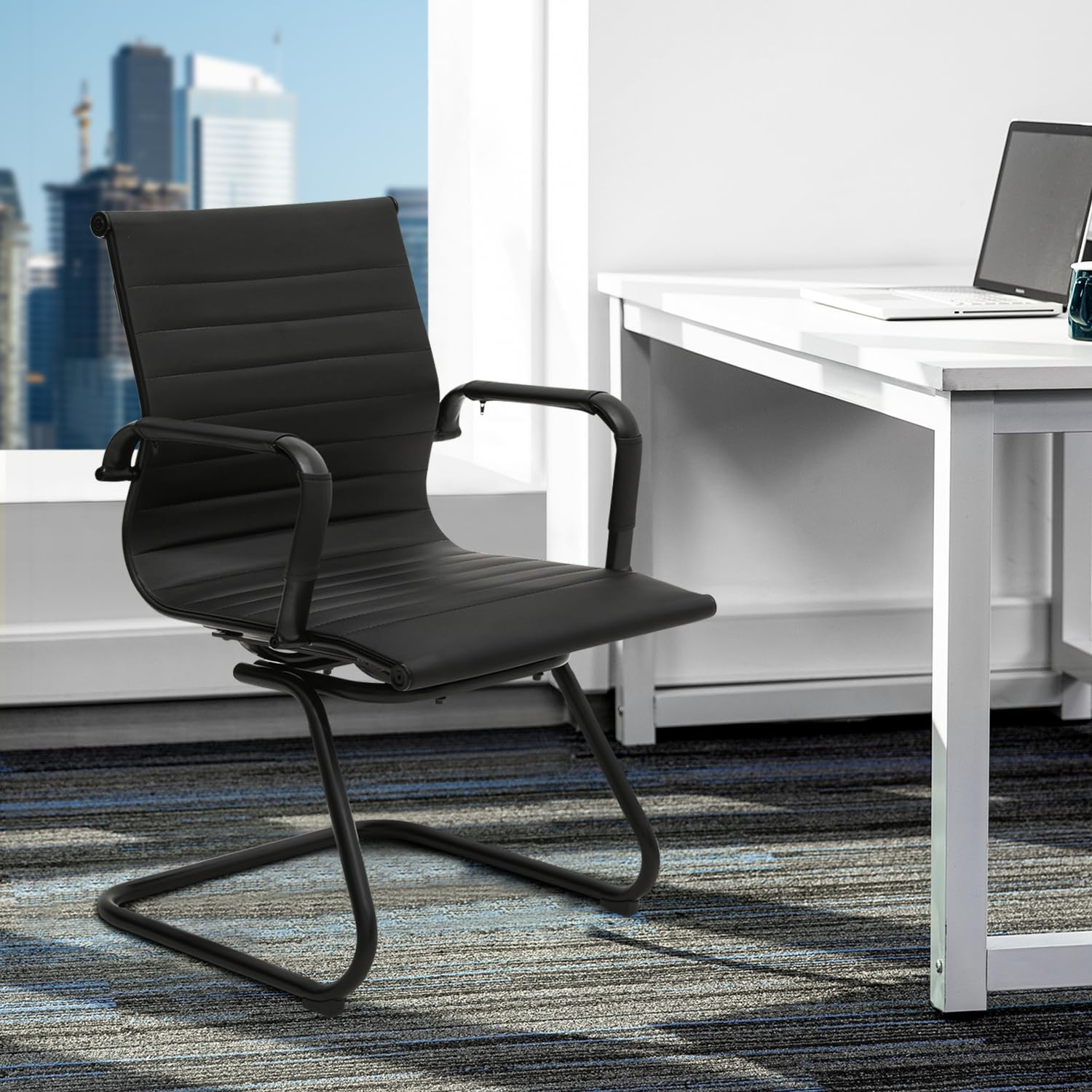 Magshion Office Reception Guest Chair - No Wheels, Mid Back PU Leather Waiting Room Chair with Metal Leg Sled Base & Arms for Conference Room, Hotel Lobby, Clinic Waiting Area - Black (2 Pack)