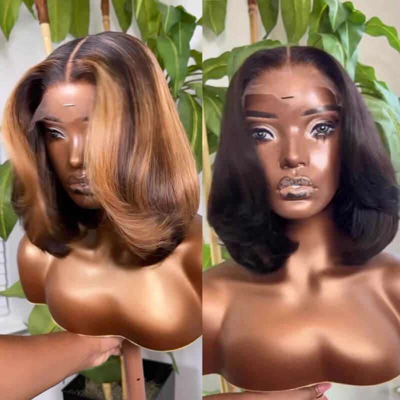 Eullair 13x4 Lace Front Wig Human Hair Bob Cut with Layered Curtain Bangs for Women - Perfect for Daily Wear, Cosplay & Special Occasions