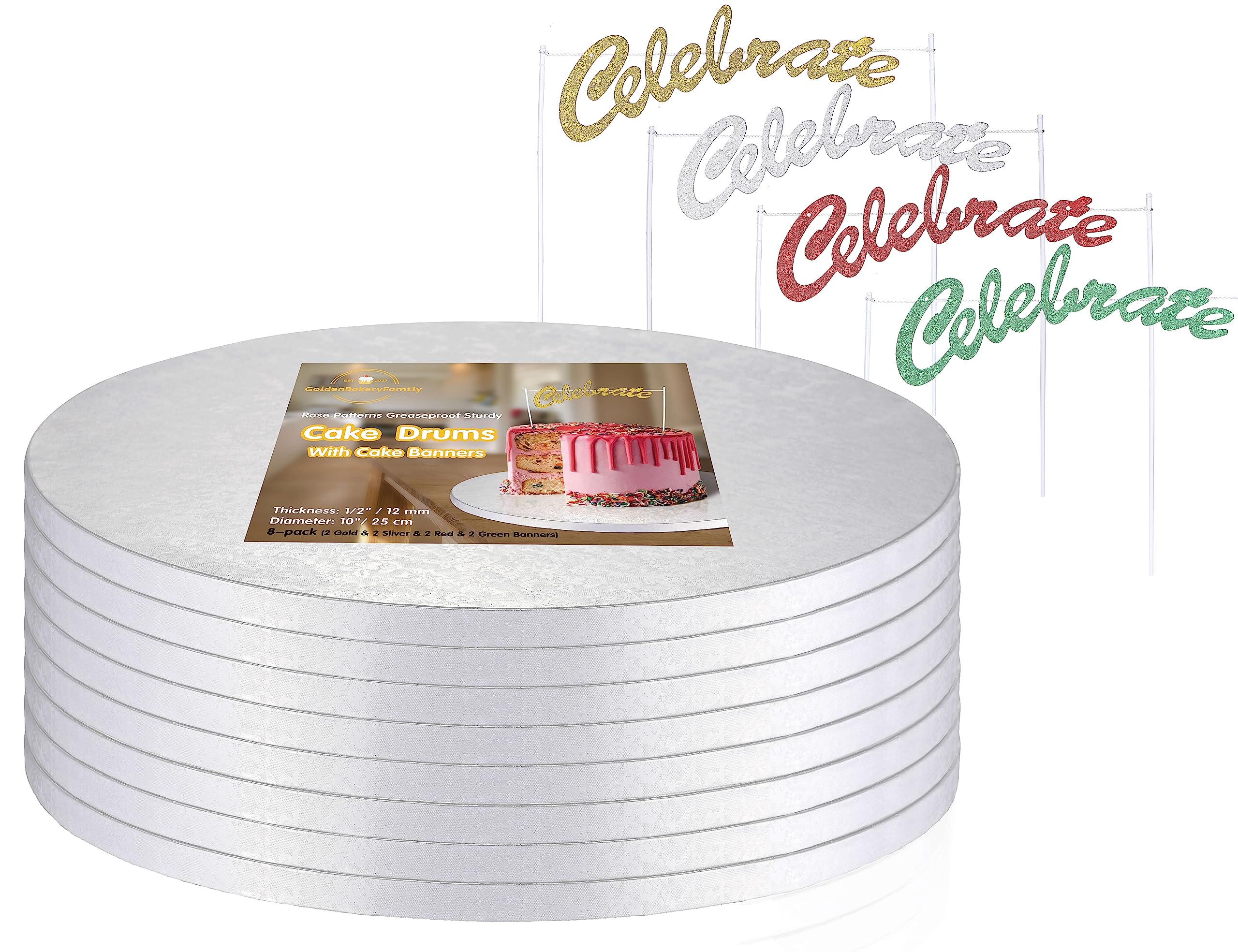 10 Inch Round White Cake Drums (8-Pack) - 1/2 Inch Thick Sturdy & Greaseproof Cake Boards with Banner Topper for Birthday, Wedding & Multi-Tiered Party Cakes - Perfect for Professional Baking and Home Decorations by GoldenBakeryFamily