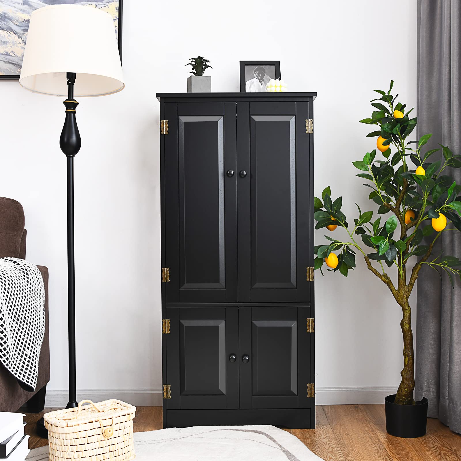 Giantex Wooden Kitchen Pantry Storage Cabinet with Adjustable Shelves & Anti-Tilt Design - Freestanding Cupboard Organizer for Living Room, Bathroom, Bedroom (Black) | Perfect for Home Organization, Small Space Storage & Closet Solutions