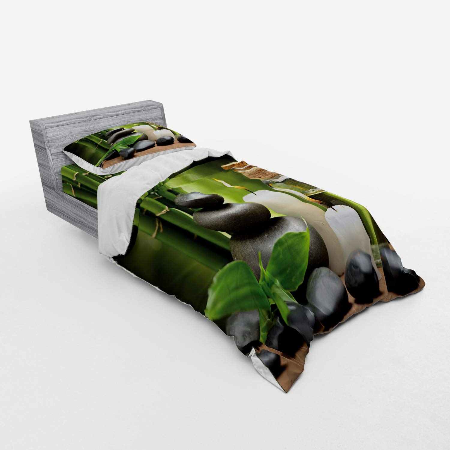 Ambesonne Spa Themed 3-Piece Duvet Cover Set - Exotic Rocks, Candles & Tropical Trees Print on Blurred Background, Twin Size White Black Green Bedding with Sham & Fitted Sheet | Perfect for Relaxing Spa Nights, Tropical Bedroom Decor & Cozy Guest Room Setup