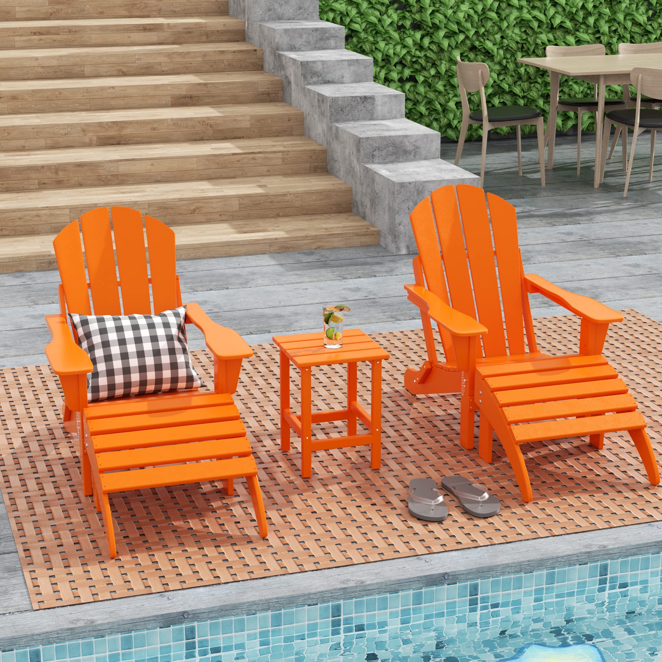 HDPE Adirondack Chair Set with Ottoman and Side Table - 5-Piece Outdoor Patio Furniture for Backyard, Garden, Porch, and Bonfire (Orange) | Durable, Weather-Resistant & Comfortable Seating Solution