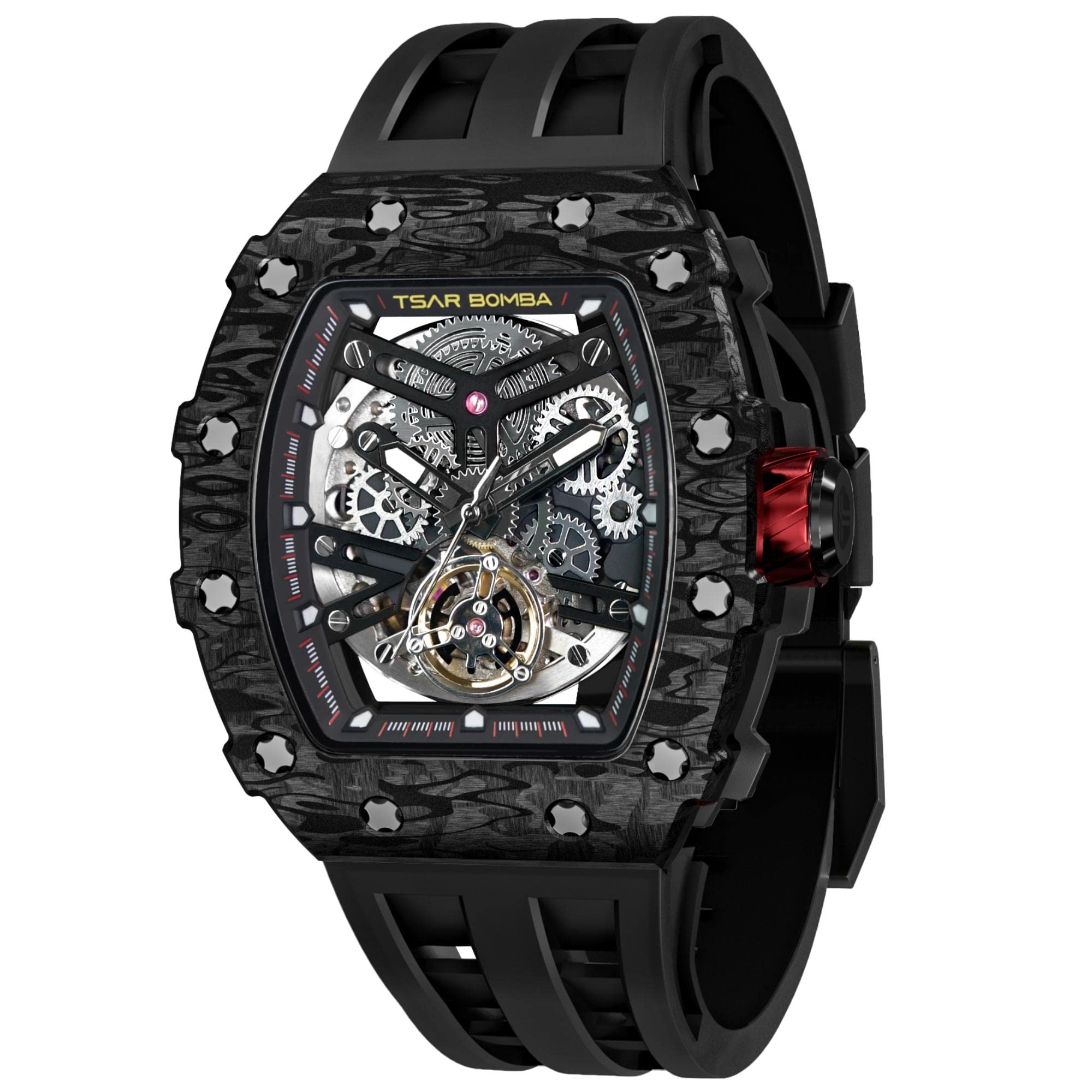 TSAR BOMBA Men's Skeleton Watch - 50M Waterproof, Big Black Dial with Silicone Band - Perfect for Gifts & Outdoor Activities