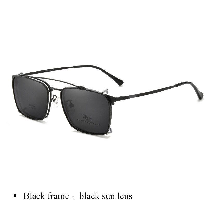 Bclear Men's Full Rim Square Alloy Frame Eyeglasses with Clip-On Polarized Sunglasses ZT95004 - Stylish Reading Glasses & Sun Protection for Driving, Outdoor Activities