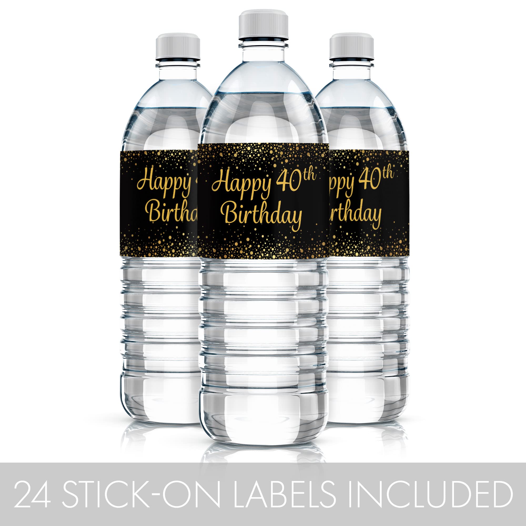 Black Gold 40th Birthday Water Bottle Labels - 24 Stickers for Party Decor