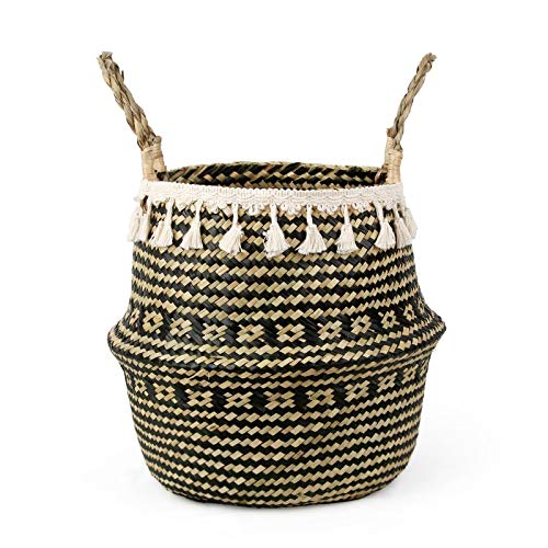 Foldable Natural Seagrass Woven Basket - Handmade Storage Organizer for Home Decor, Garden Flowers & Hanging Plants with Handle Tassel (23x20cm) - Perfect for Living Room, Bedroom, Bathroom & Outdoor Decor