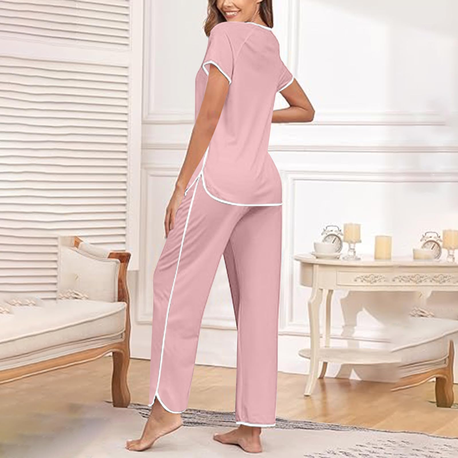 Women's 2-Piece Summer Lounge Set - Soft Short Sleeve Top & Loose Pants Sleepwear Outfit for Casual Wear, Home Relaxation & Vacation Comfort