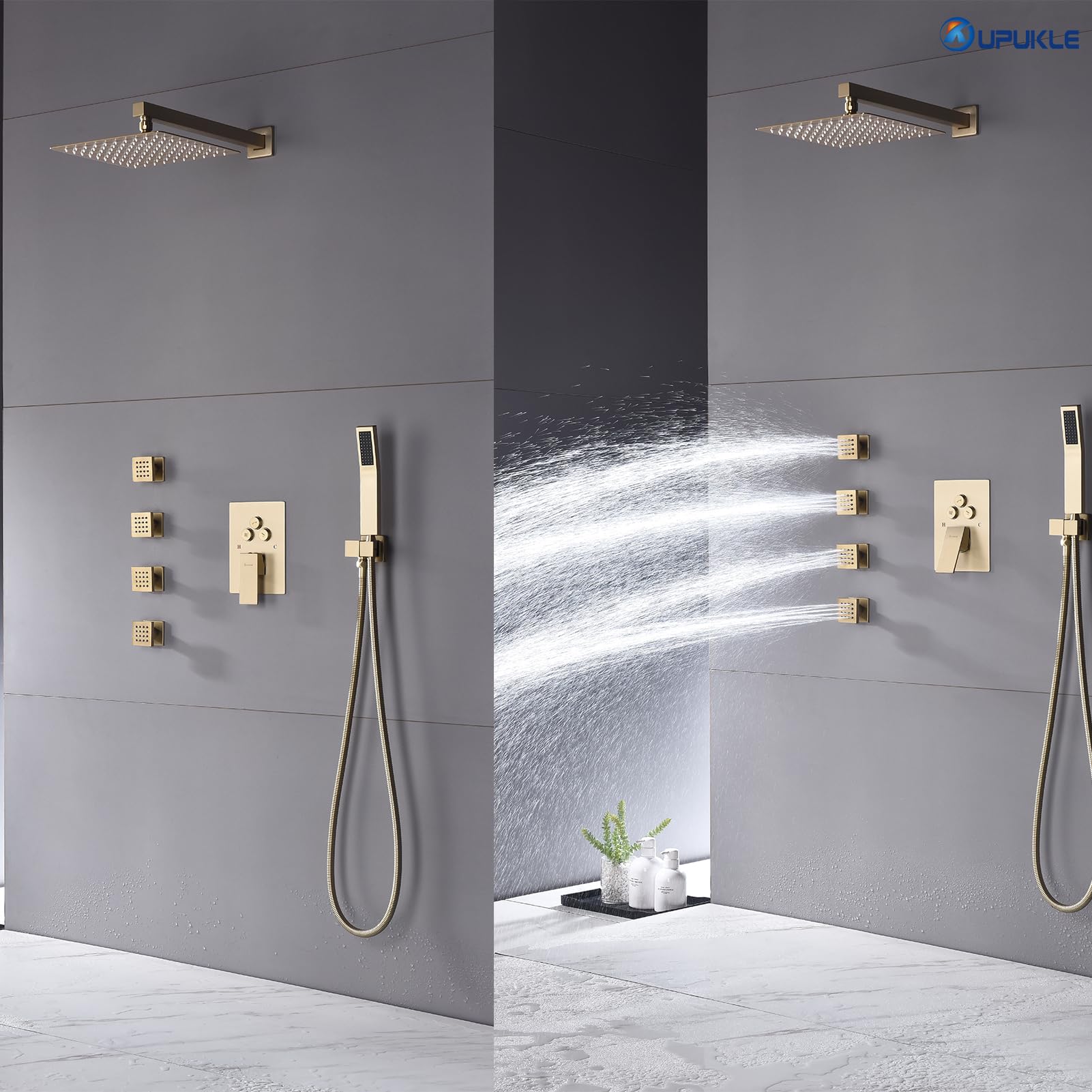 4PCS Square Shower Body Jet Sprayers - Brass Head Spa Massage Wall Mount Jets with NPT 1/2