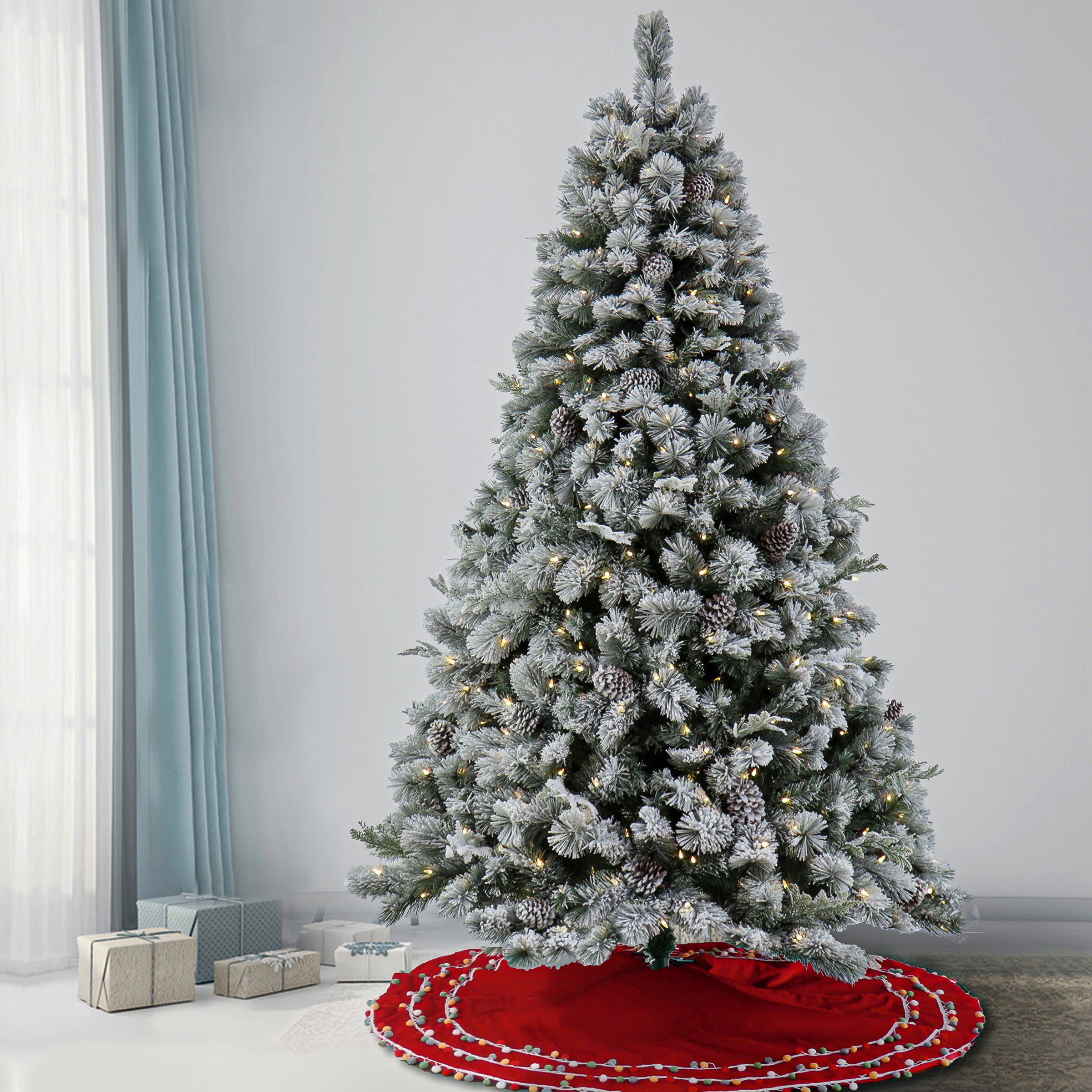 7.5 ft Pre-Lit Snowy Silver Hill Pine Artificial Christmas Tree with Warm White LED Lights - Perfect for Living Room, Office, and Holiday Decorations