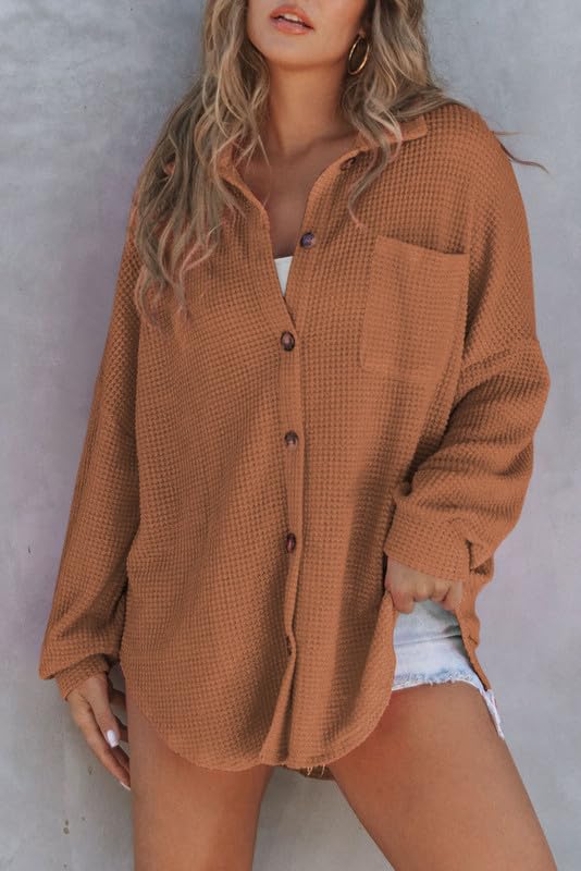 SHEWIN Women's Waffle Knit Button Down Shirt - Casual Long Sleeve Shacket Jacket, Boyfriend Style Loose Fit Blouse for Everyday Wear, Office & Date Nights