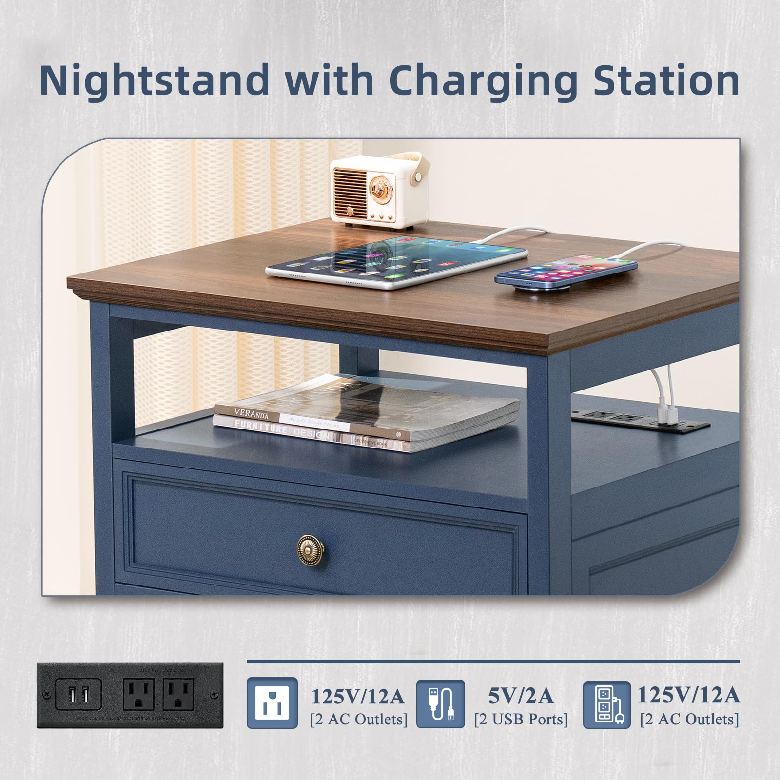 Farmhouse Nightstand with USB Charging Station, 24