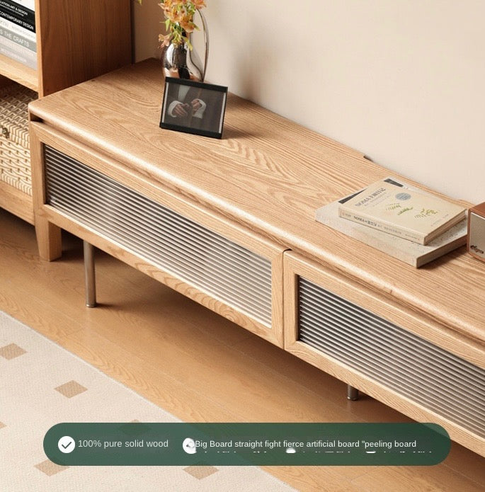 Modern Oak Solid Wood TV Stand with LED Ambient Lighting - Minimalist Design for Living Room, Bedroom & Home Theater Entertainment Centers