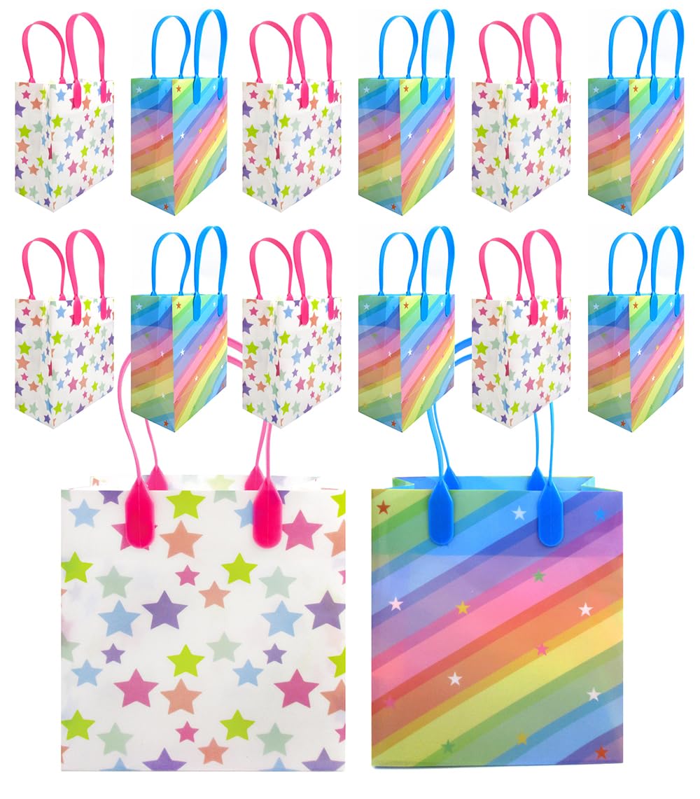 Colorful Rainbow Party Favor Bags with Handles - 12 Pack Birthday Candy Treat Bags for Kids, Baby Showers, Easter Celebrations & Holiday Gift Giving