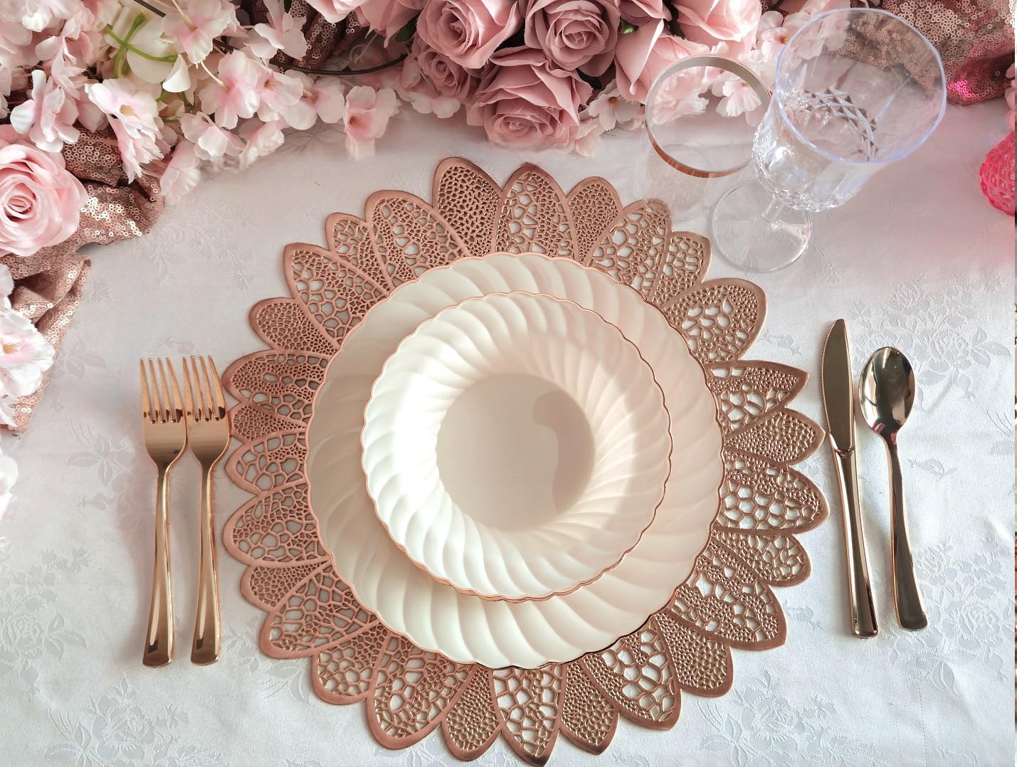 120-Piece Pressed Vinyl Metallic Placemats Set - Elegant Rose Gold Wedding Table Decor for Bridal Showers, Anniversary Parties & Formal Dining