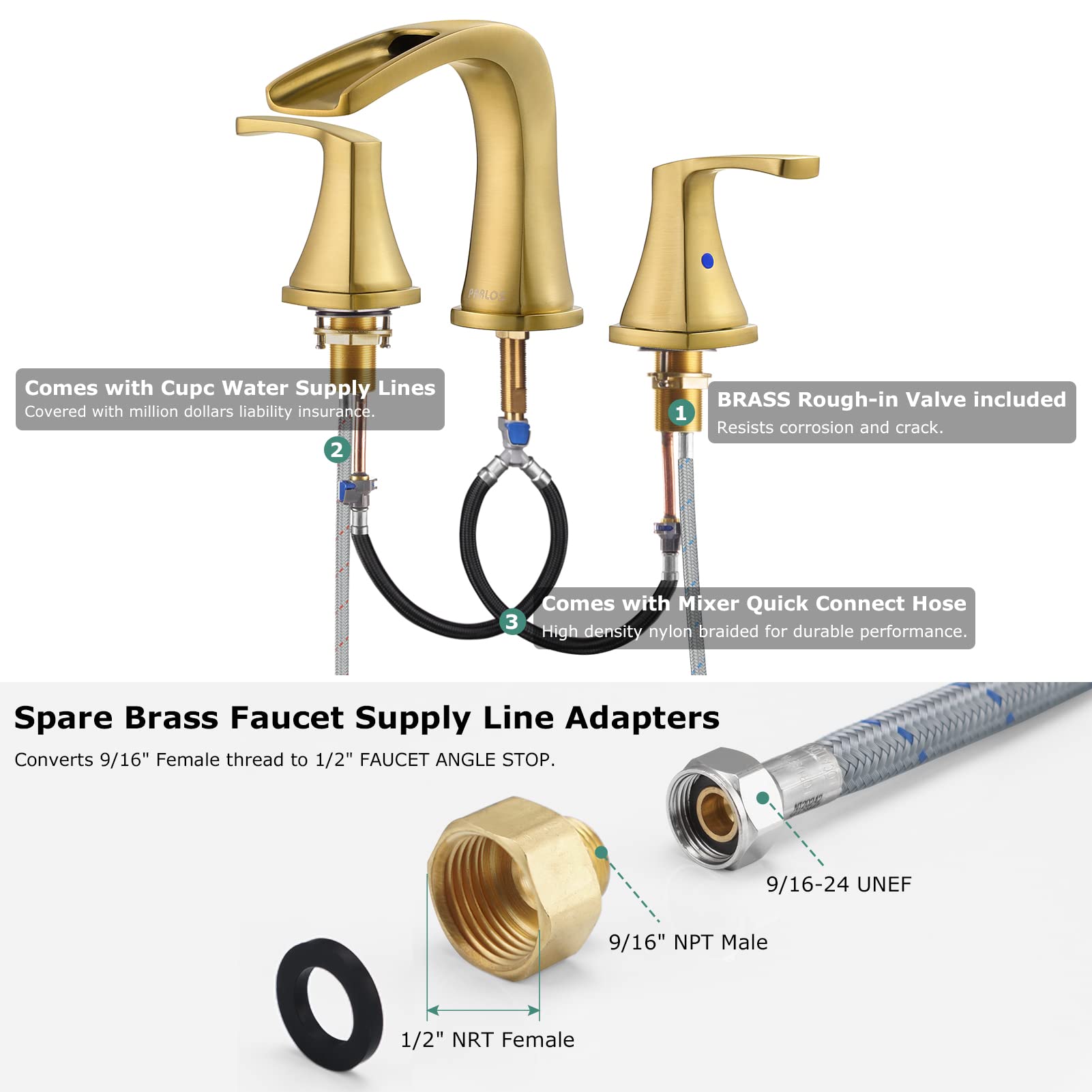PARLOS 2-Handle Widespread Waterfall Roman Bathtub Faucet with Valve - Brushed Gold Finish (Model 1434208) - Perfect for Luxury Bathroom Renovations & Spa-Style Bathtubs