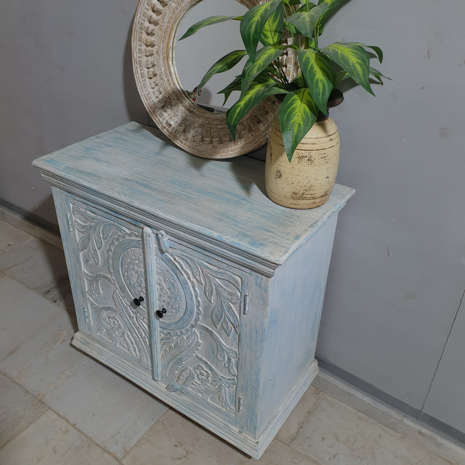 Handmade Carved Indian Solid Mango Wood Cabinet - 2 Door Bluewash Storage Furniture for Living Room, Bedroom & Entryway Decor