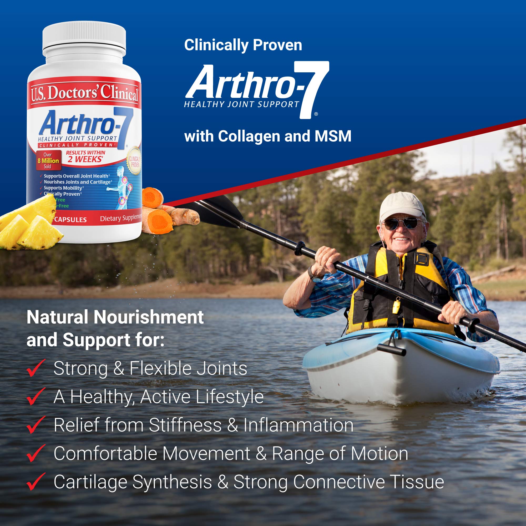 U.S. Doctors’ Clinical Arthro-7 - Clinically Proven Joint Support Supplement with Turmeric, Collagen & Bromelain - Supports Flexibility, Mobility & Cartilage Health - 180 Capsules (3 Bottles) - 45/90 Day Supply - Ideal for Active Adults, Athletes & Seniors