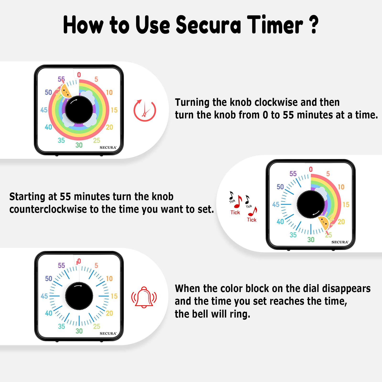 Secura 60-Minute Visual Timer with Magnetic Backing - 7.5 Inch Rainbow Countdown Clock for Classroom, Kitchen & Office - Durable Mechanical Timer for Kids, Teachers & Cooking - Perfect for Time Management & Learning Activities (Black & Sun)