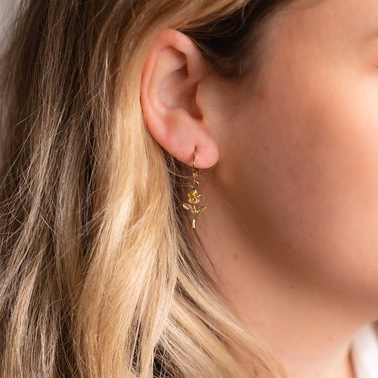 Rose Mini Charm Hoop Earrings - 14K Gold Plated Dainty Floral Jewelry for Women | Perfect for Date Night, Wedding & Everyday Wear