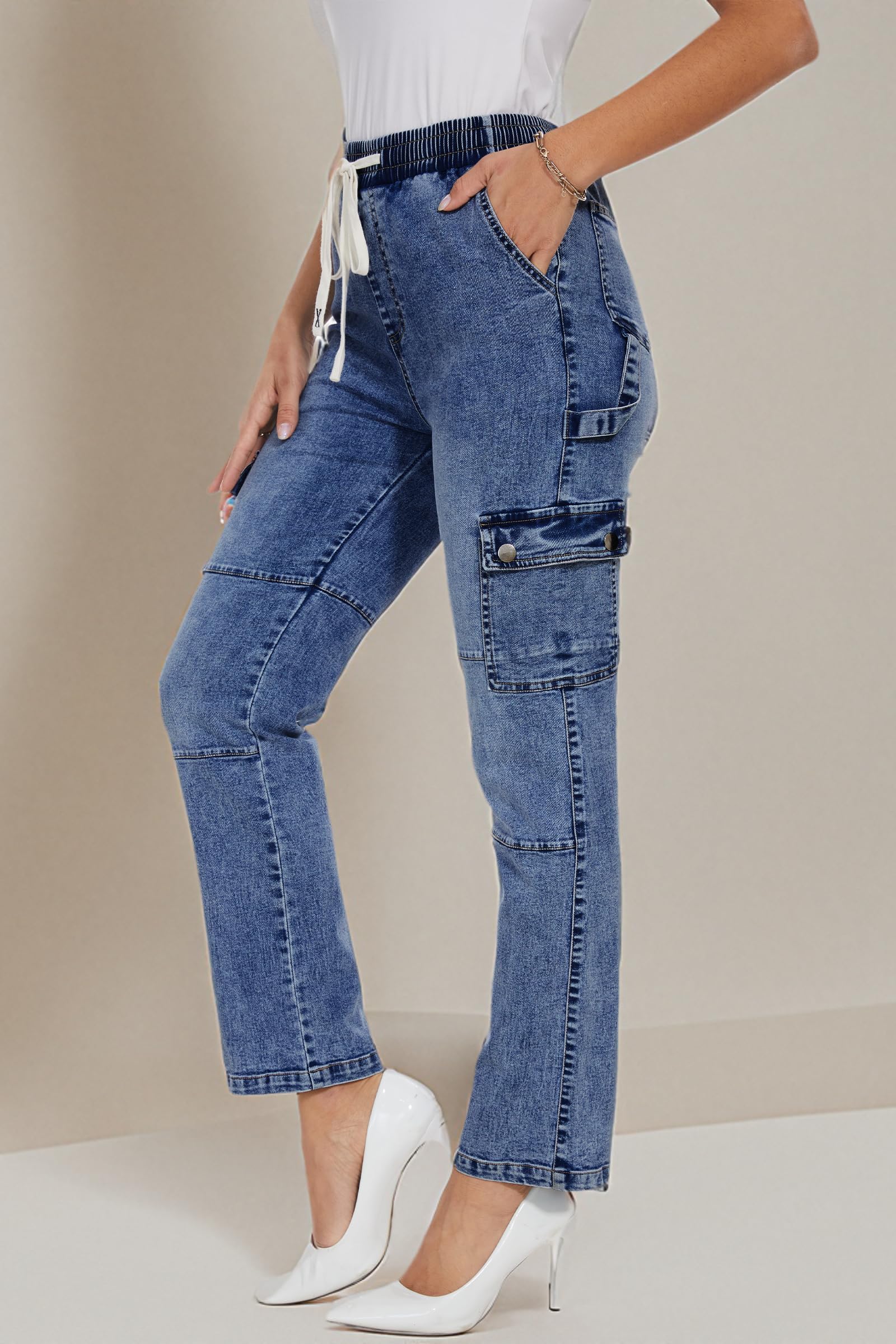 HVEPUO Women's Casual Straight Leg Cargo Pants - High Waisted Stretch Jeans with Multiple Pockets | Perfect for Work, Travel & Everyday Wear