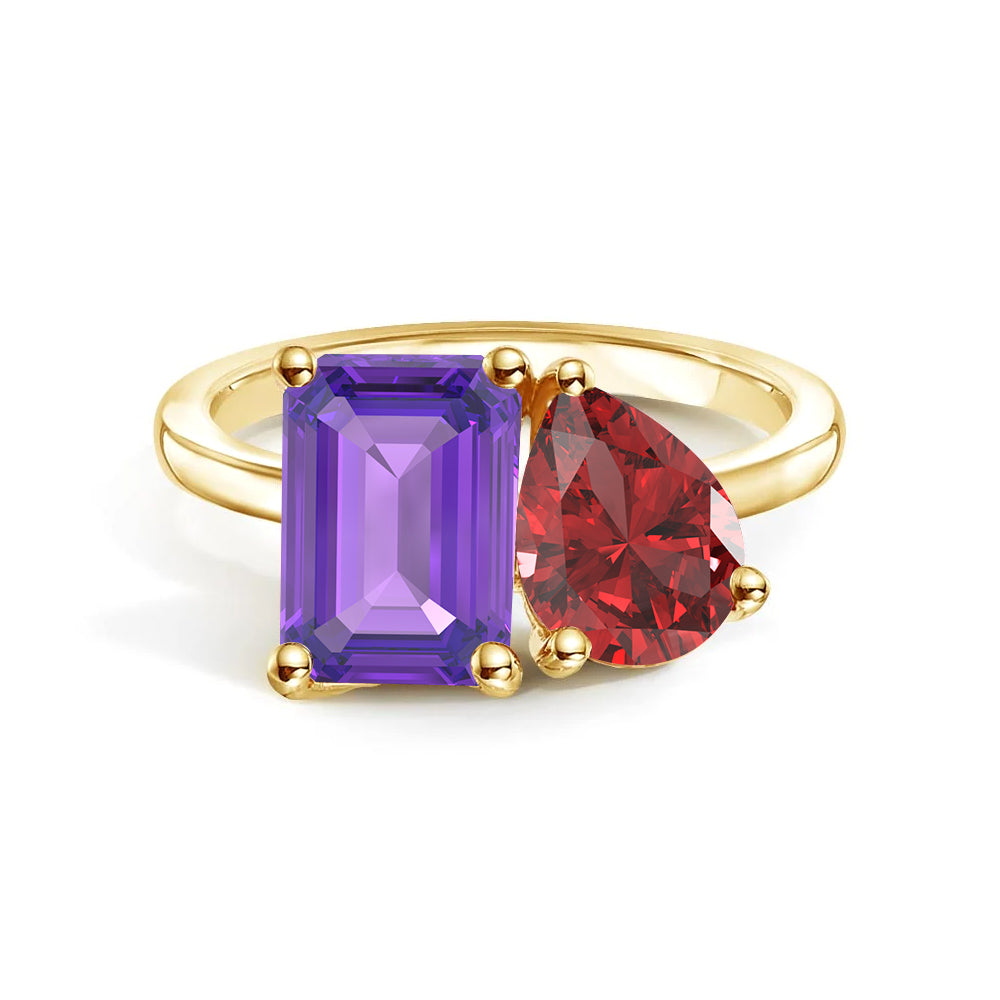 Personalized Toi et Moi Amethyst Birthstone Ring - Custom Anniversary Jewelry for Couples, Gift for Her, Romantic Proposal & Wedding Band