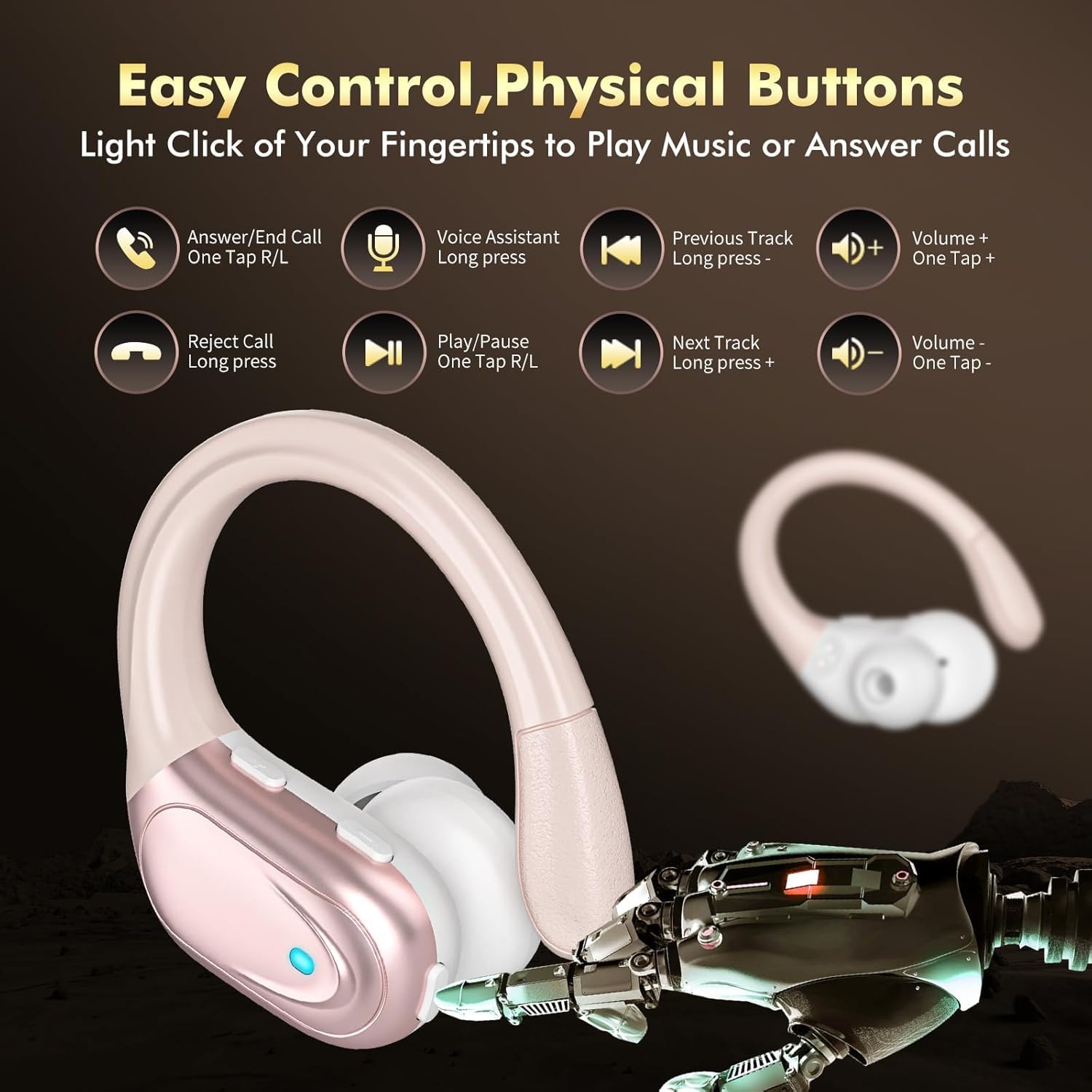Wireless Bluetooth Earbuds with Earhooks - 80H Playtime, ENC Noise Cancelling, IP7 Waterproof - HD Mic Stereo Sport Headphones for Running, Workout, Gym & Outdoor Activities (Rose Gold)