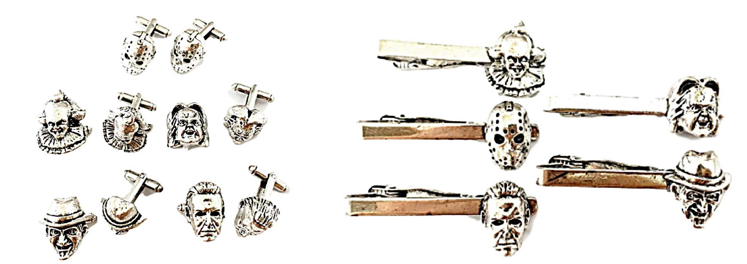 Horror Movie Character Metal Enamel Cufflinks & Tie Clip Set (5-Piece) - Perfect for Halloween Costumes, Cosplay Events & Horror Fan Gifts