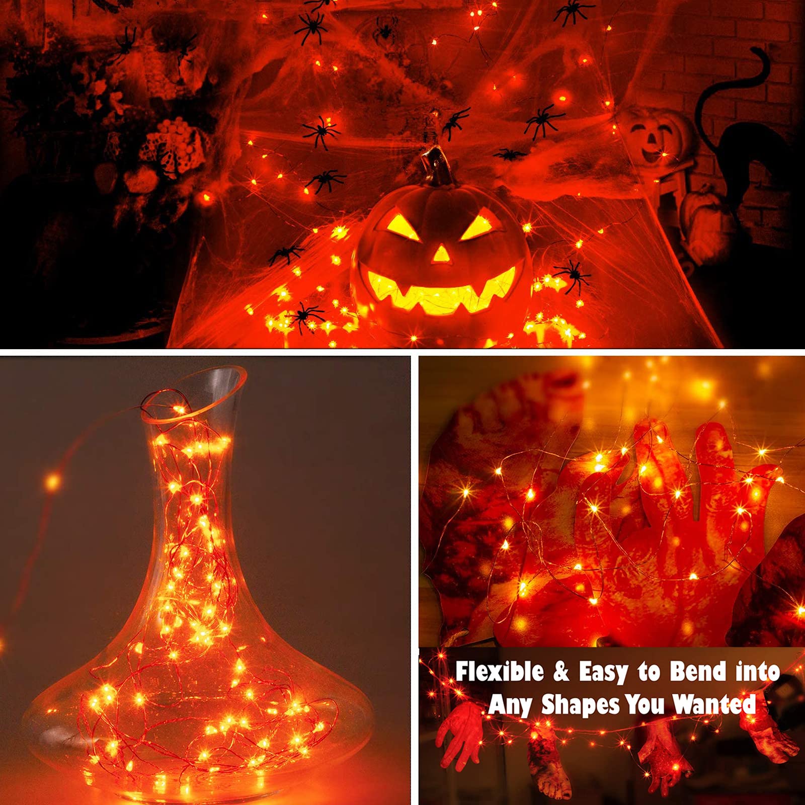 LYHOPE Orange Halloween Lights - 2 Pack 33ft 100 LED Battery Operated String Lights with Remote, Waterproof 8 Modes Copper Wire for Halloween Party, Carnival, Holiday Decorations - Perfect for Indoor/Outdoor Home, Yard, and Event Decor