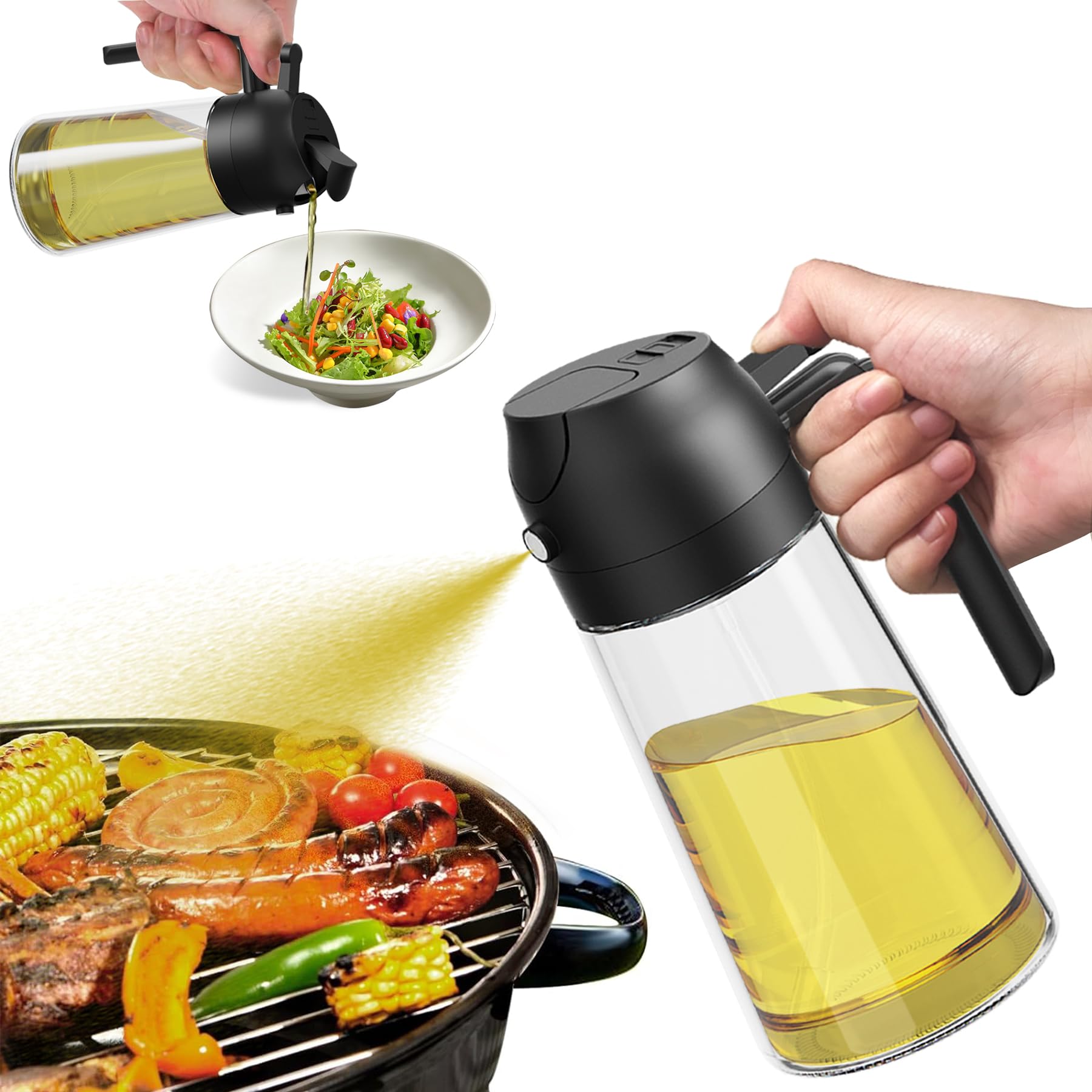 16oz/470ml Oil Sprayer & Dispenser Bottle - 2 in 1 Kitchen Tool for Olive Oil, Cooking Spray, Salad Dressing & BBQ - Perfect for Baking, Grilling & Healthy Cooking (Black)