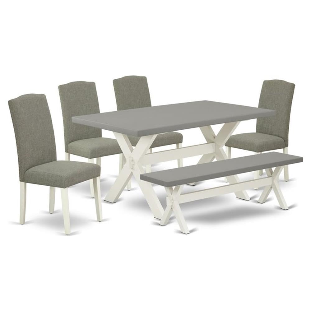 East West Furniture 6-Piece Kitchen Dining Set - 36x60 Inch Rectangle Table, 4 Dark Shitake Fabric Chairs & Bench - Modern Multi-Color Home Furniture for Kitchen, Dining Room, and Breakfast Nook