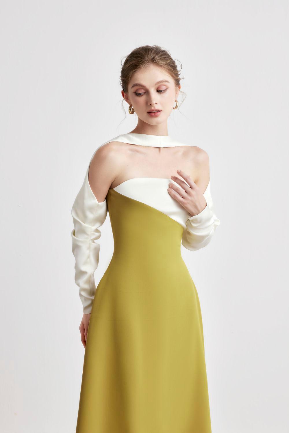 Elegant A-Line Long Sleeve Silk Taffeta Midi Dress for Women - Perfect for Weddings, Parties & Formal Occasions