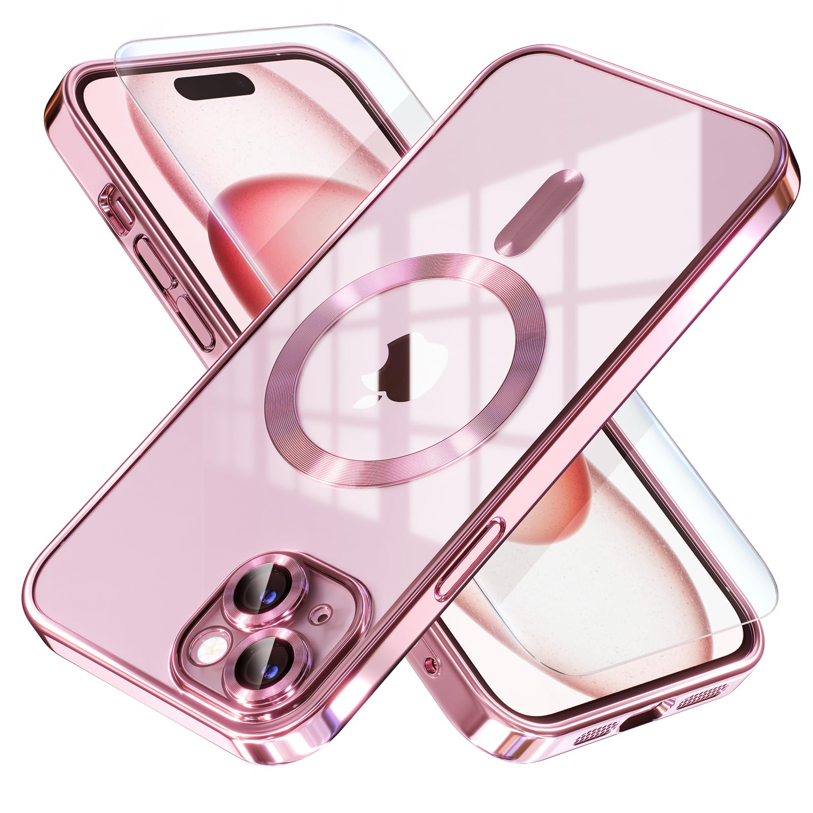 Misea Magnetic Clear iPhone 15 Case with MagSafe Compatibility | Anti-Yellowing | Military-Grade Drop Protection | Full Camera Lens Cover | Soft TPU Protective Phone Case for Women & Girls (Pink) | Perfect for Everyday Use, Work, Travel & Outdoor Activities