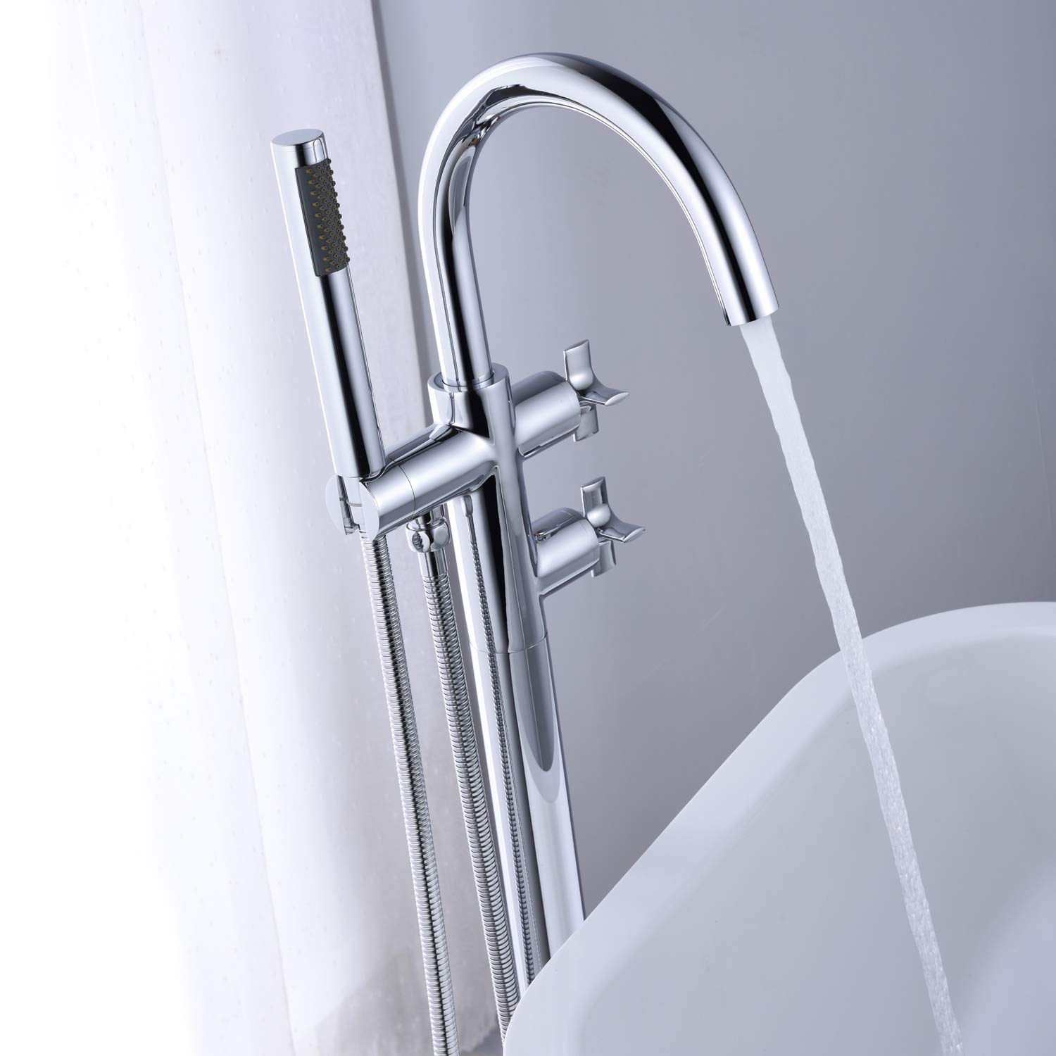 Freestanding Bathtub Faucet with Hand Shower - Chrome Floor Mount Brass Tub Filler for Modern Bathrooms | Perfect for Spa-Like Relaxation & Luxury Bathing Experience