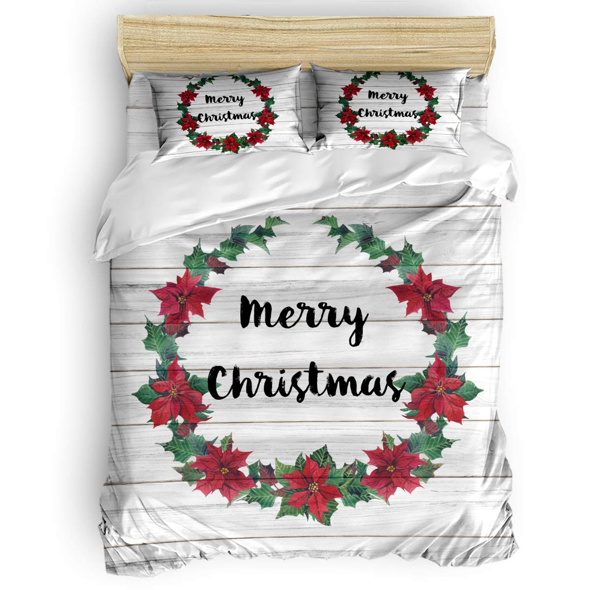 Queener Home 4-Piece Duvet Cover Set - Poinsettia Christmas Wreath Luxury Bedding, Full Size Soft Quilt Cover with Decorative Pillowcases, Rustic Wood Plank Design - Perfect for Holiday Decor & Cozy Winter Bedrooms