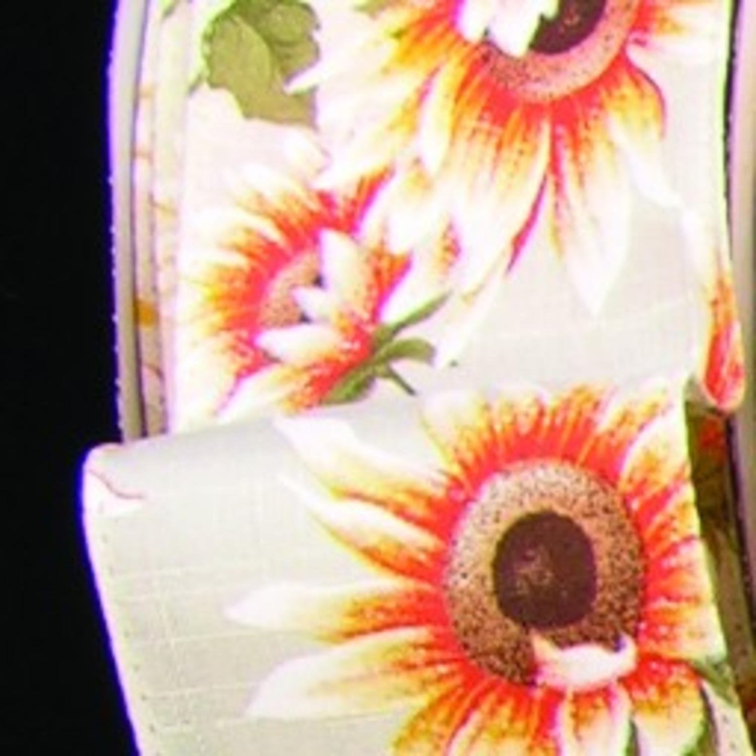 Ivory Sunflower Meadow Print Wired Craft Ribbon 4