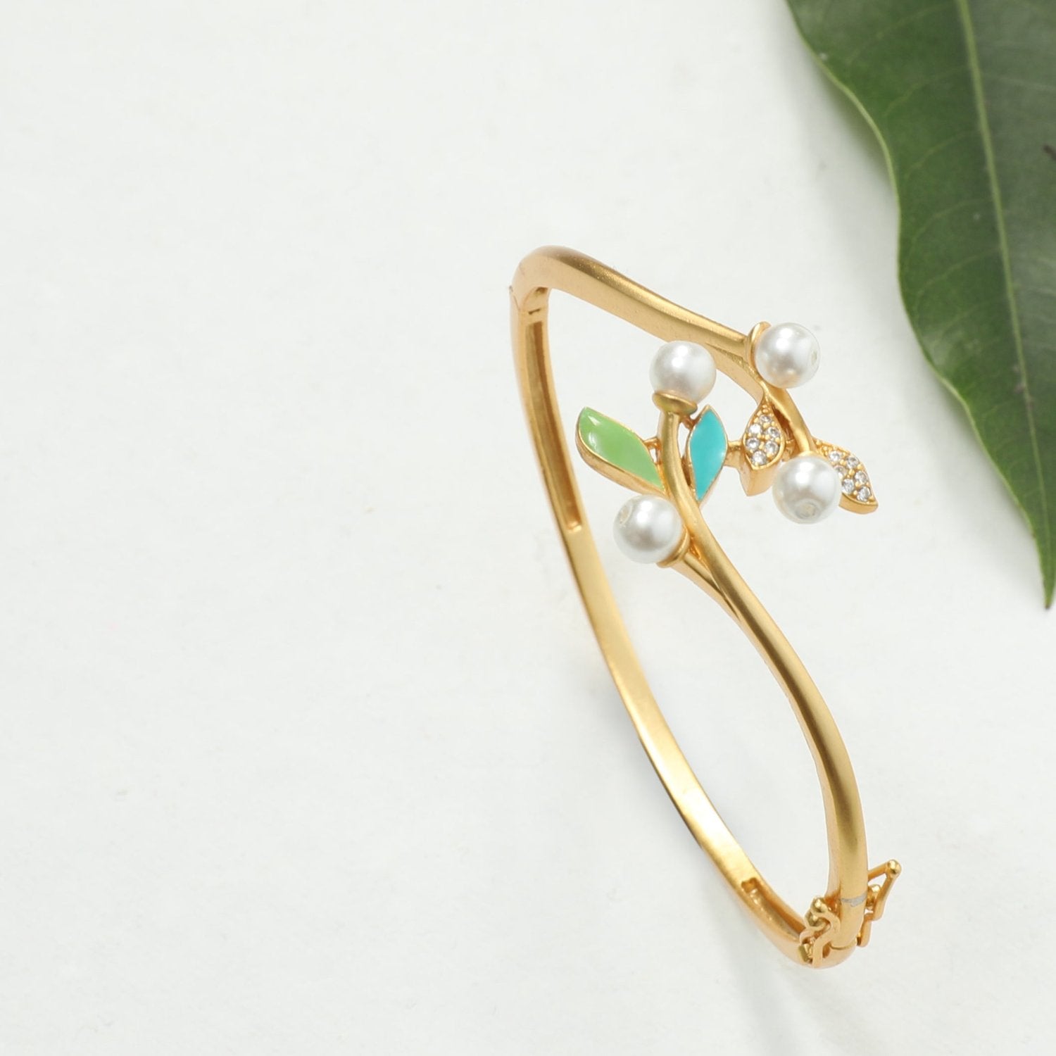 Elegant Eriha Pearl & Green Leaf Bracelet for Women - Perfect for Weddings, Parties & Everyday Wear